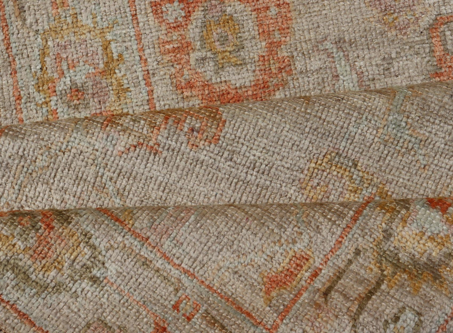 Angora Turkish Oushak Floral Runner in Cream with Pops of Orange, Green and Blue This angora Oushak is unique with is creamy background, to the floral like design rendered in coral, tangerine, forest green, salmon, and hints of sky blue. The bor... - Keivan Woven ArtsAN - 149531 - 19947Rug