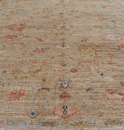 Floral Turkish Angora Oushak with Sandy - Taupe Background and Cream Border This Turkish Oushak was hand - knotted with angora wool. The field's background is rendered in a sandy - taupe, while the border's background is a cream color. The classic Ous... - Keivan Woven ArtsAN - 149571 - 19929Rug