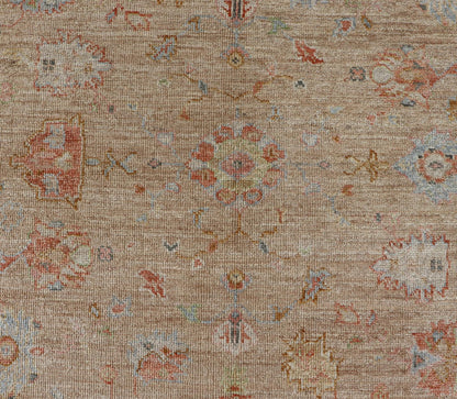 Floral Turkish Angora Oushak with Sandy - Taupe Background and Cream Border This Turkish Oushak was hand - knotted with angora wool. The field's background is rendered in a sandy - taupe, while the border's background is a cream color. The classic Ous... - Keivan Woven ArtsAN - 149571 - 19929Rug