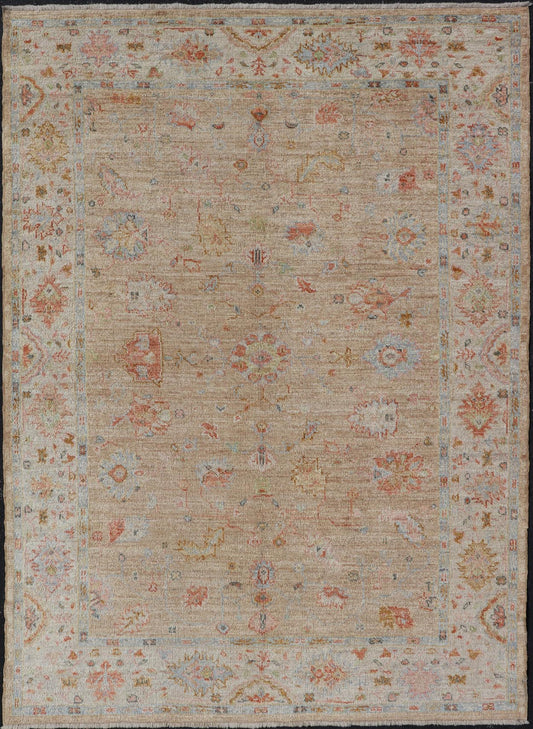 Floral Turkish Angora Oushak with Sandy - Taupe Background and Cream Border This Turkish Oushak was hand - knotted with angora wool. The field's background is rendered in a sandy - taupe, while the border's background is a cream color. The classic Ous... - Keivan Woven ArtsAN - 149571 - 19929Rug