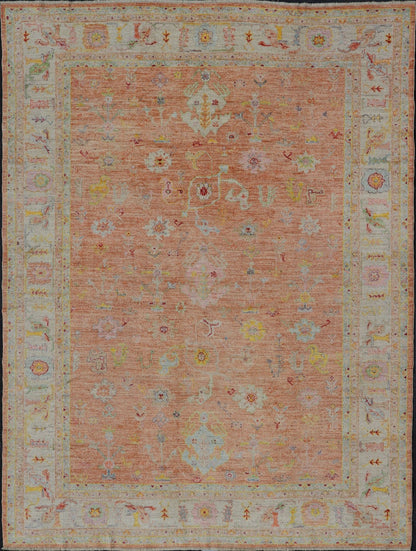 Vibrant Floral Medley on Salmon Pink Hand - Knotted Rug by Keivan Woven Arts. rug / AN - 149682, Turkish 21st Century. Measures: 10'0 x 12'11 The rug showcase's a beautifully woven rug with a vibrant and colorful design on a warm salmon pink backgro... - Keivan Woven ArtsAN - 149682 - 16412Rug