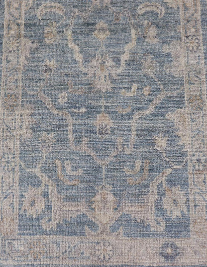 Angora Turkish Oushak Runner with Floral Design and Medium Blue and Gray Border This Oushak Runner is rendered in a medium blue background and a light gray border. The design is an arabesque - like floral pattern, cased within a banded sub - floral ... - Keivan Woven ArtsAN - 149801 - 19935Rug