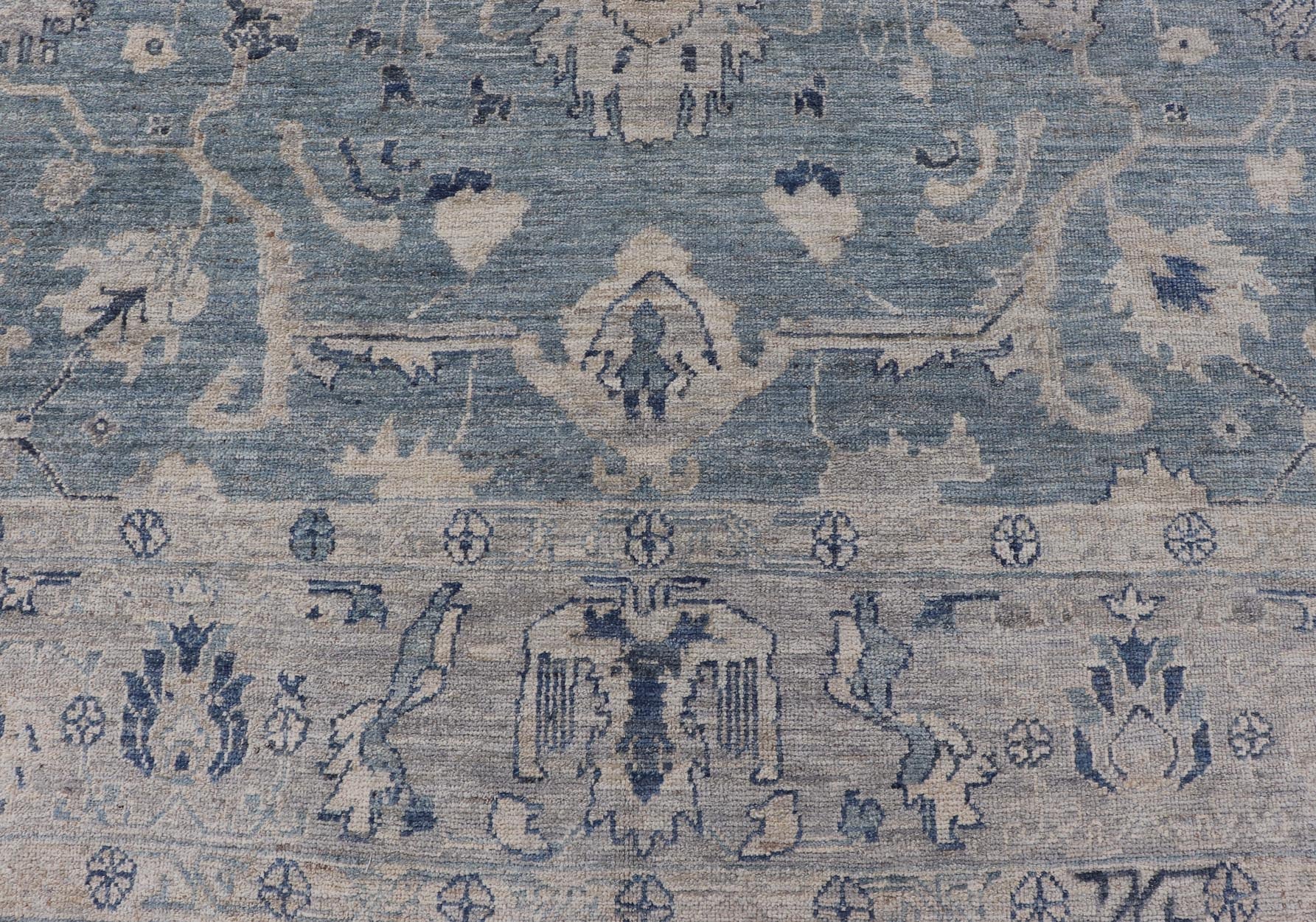 Turkish Angora Oushak Rug in Dusty Blue Background and Silver Border. Keivan Woven Arts / rug AN - 151115, country of origin / type: Turkey / Oushak. antique reproduction Ushak, angora Oushak. Measures: 9'2 x 11'7 The angora collection is made wit... - Keivan Woven ArtsAN - 151115 - 21349Rug