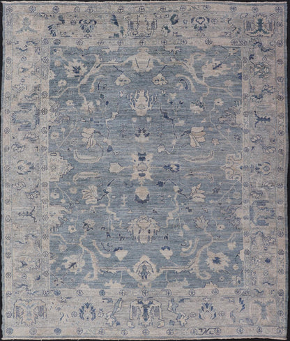 Turkish Angora Oushak Rug in Dusty Blue Background and Silver Border. Keivan Woven Arts / rug AN - 151115, country of origin / type: Turkey / Oushak. antique reproduction Ushak, angora Oushak. Measures: 9'2 x 11'7 The angora collection is made wit... - Keivan Woven ArtsAN - 151115 - 21349Rug