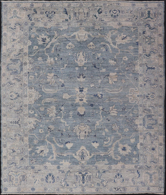 Turkish Angora Oushak Rug in Dusty Blue Background and Silver Border. Keivan Woven Arts / rug AN - 151115, country of origin / type: Turkey / Oushak. antique reproduction Ushak, angora Oushak. Measures: 9'2 x 11'7 The angora collection is made wit... - Keivan Woven ArtsAN - 151115 - 21349Rug