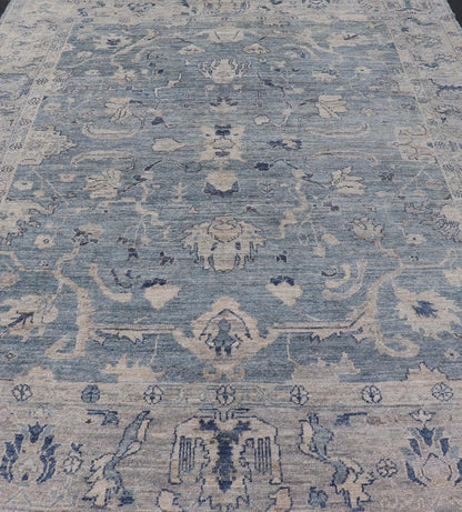 Turkish Angora Oushak Rug in Dusty Blue Background and Silver Border. Keivan Woven Arts / rug AN - 151115, country of origin / type: Turkey / Oushak. antique reproduction Ushak, angora Oushak. Measures: 9'2 x 11'7 The angora collection is made wit... - Keivan Woven ArtsAN - 151115 - 21349Rug