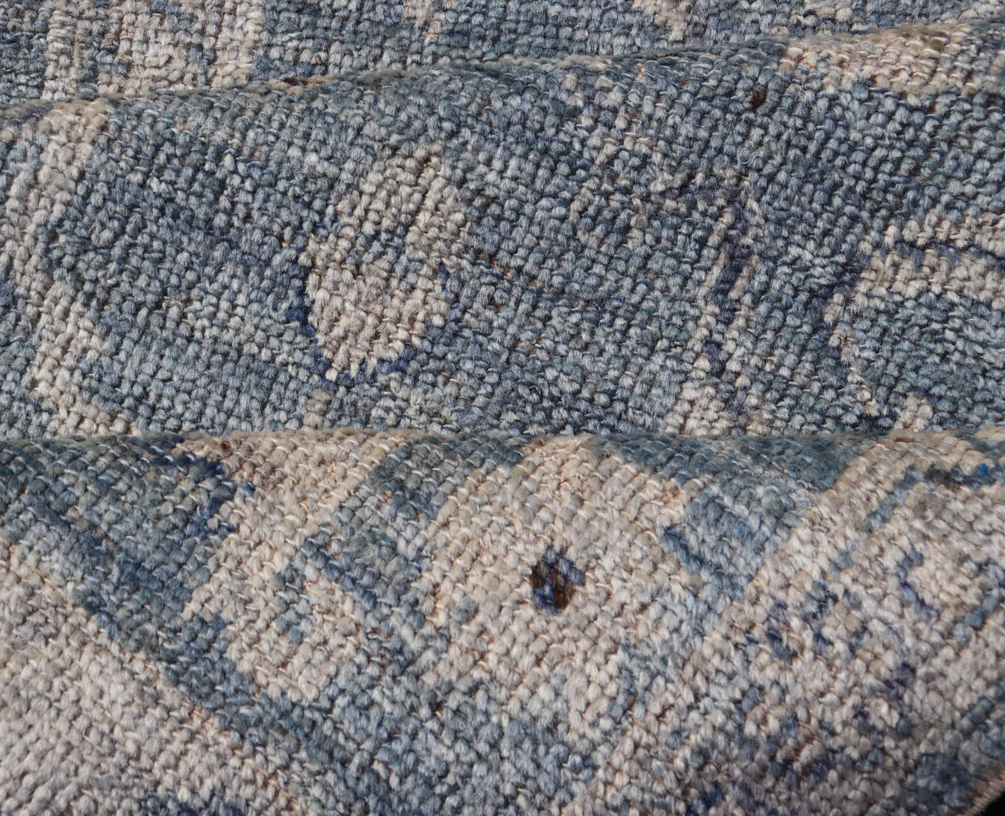 This Oushak Runner is rendered in a medium blue background and a light gray border. The design is an arabesque - like floral pattern, cased within a banded sub - floral border in light gray. Measures: 2'7 x 11'8 Angora Turkish Oushak Runner wit... - Keivan Woven ArtsAN - 151167 - 21391Rug