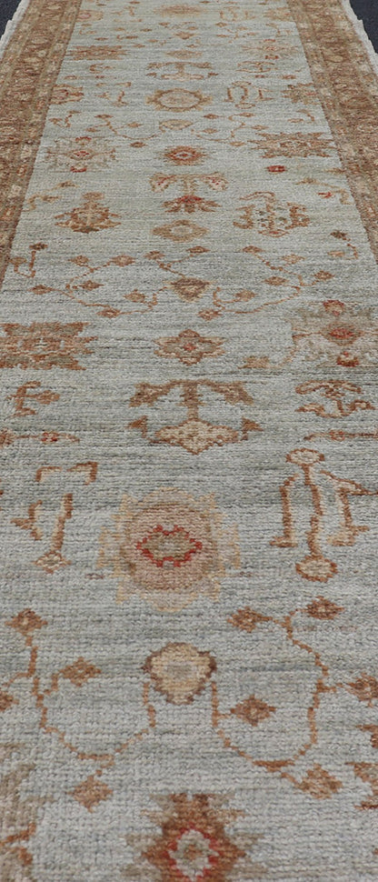 Turkish Angora Oushak Turkish Runner with Angora Wool in Sky Blue, Brown and Red Turkish Oushak Runner, rug AN - 97747, country of origin / type: Turkey / Oushak, circa Early - 21st Century. Measures: 2'7 x 11'1. - Keivan Woven ArtsAN - 97747 - 1508Rug