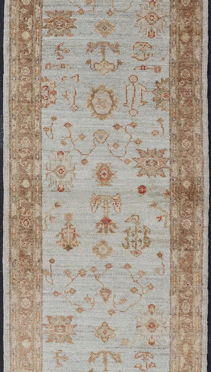 Turkish Angora Oushak Turkish Runner with Angora Wool in Sky Blue, Brown and Red Turkish Oushak Runner, rug AN - 97747, country of origin / type: Turkey / Oushak, circa Early - 21st Century. Measures: 2'7 x 11'1. - Keivan Woven ArtsAN - 97747 - 1508Rug
