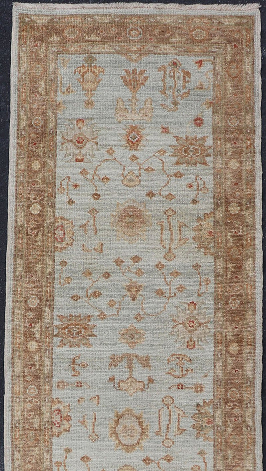 Turkish Angora Oushak Turkish Runner with Angora Wool in Sky Blue, Brown and Red Turkish Oushak Runner, rug AN - 97747, country of origin / type: Turkey / Oushak, circa Early - 21st Century. Measures: 2'7 x 11'1. - Keivan Woven ArtsAN - 97747 - 1508Rug