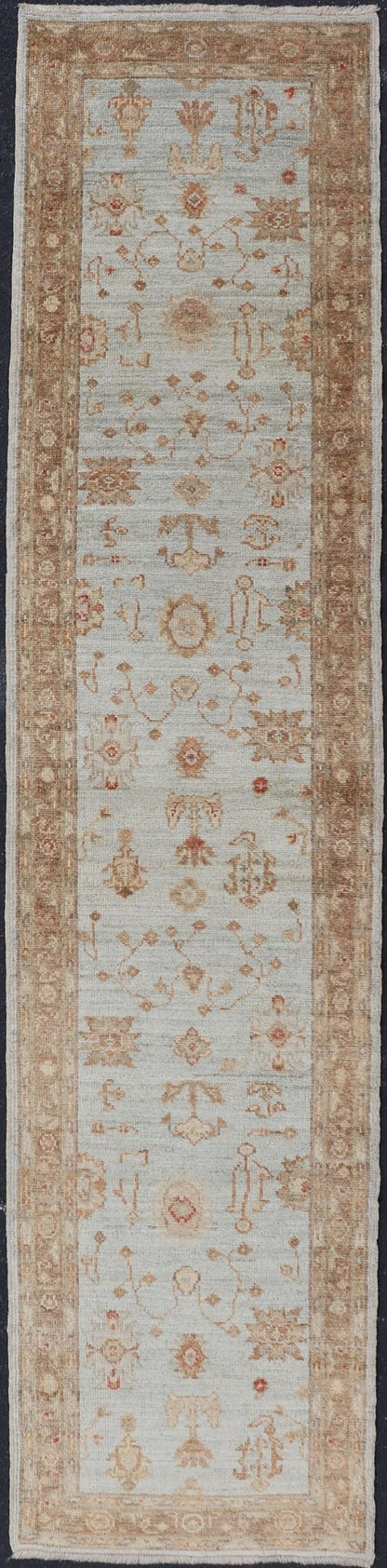 Turkish Angora Oushak Turkish Runner with Angora Wool in Sky Blue, Brown and Red Turkish Oushak Runner, rug AN - 97747, country of origin / type: Turkey / Oushak, circa Early - 21st Century. Measures: 2'7 x 11'1. - Keivan Woven ArtsAN - 97747 - 1508Rug