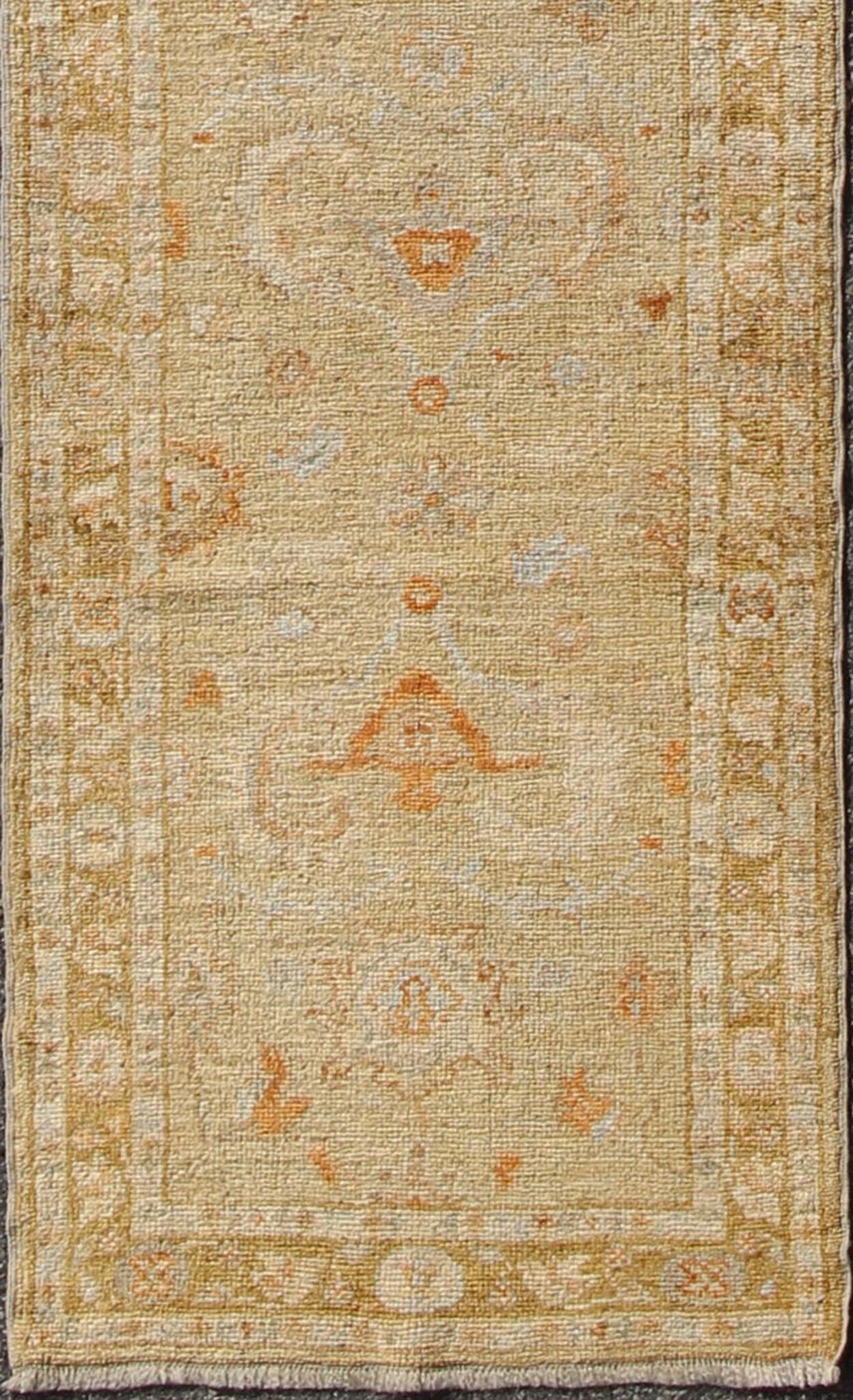 Angora Oushak Turkish Runner with Classic Design in Gold Background Turkish Oushak Angora runner with classic motifs and Transitional design, rug AN - 97762, country of origin / type: Turkey / Oushak This Angora Oushak runner from Turkey feat... - Keivan Woven ArtsAN - 97762 - 2267Rug