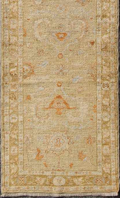Angora Oushak Turkish Runner with Classic Design in Gold Background Turkish Oushak Angora runner with classic motifs and Transitional design, rug AN - 97762, country of origin / type: Turkey / Oushak This Angora Oushak runner from Turkey feat... - Keivan Woven ArtsAN - 97762 - 2267Rug