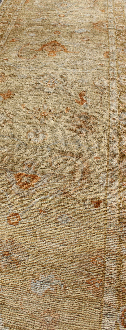 Angora Oushak Turkish Runner with Classic Design in Gold Background Turkish Oushak Angora runner with classic motifs and Transitional design, rug AN - 97762, country of origin / type: Turkey / Oushak This Angora Oushak runner from Turkey feat... - Keivan Woven ArtsAN - 97762 - 2267Rug