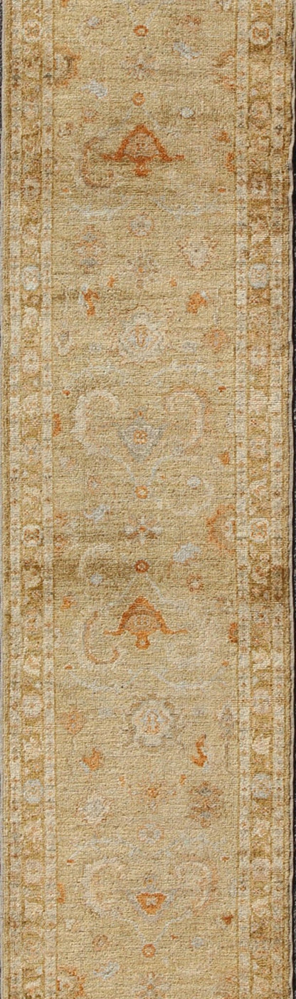 Angora Oushak Turkish Runner with Classic Design in Gold Background Turkish Oushak Angora runner with classic motifs and Transitional design, rug AN - 97762, country of origin / type: Turkey / Oushak This Angora Oushak runner from Turkey feat... - Keivan Woven ArtsAN - 97762 - 2267Rug