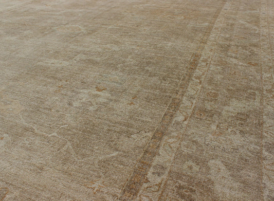 Very Large neutral Angora Oushak in warm tones. wheat, light blue, cream. Turkish Reproduction Oushak Rug. Large Oushak, Angora Oushak 15'3 x 19'5 A stunning muted and neutral Turkish angora Oushak carpet with an all over sub - geometric d... - Keivan Woven ArtsANC - 110073 - 2653Rug