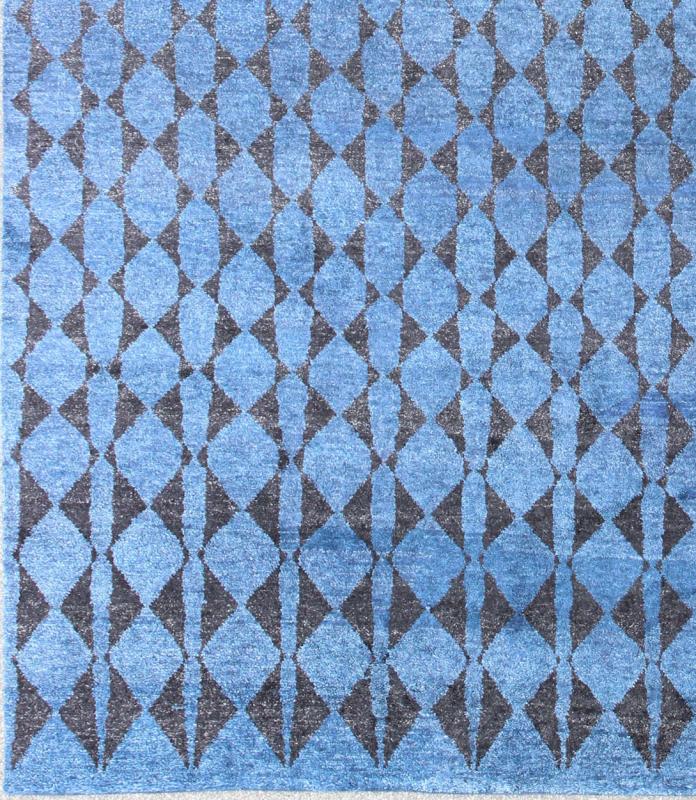 Blue and Black Moroccan Tribal Rug. This fascinating Tribal styled Moroccan rug hailing from India features an all - over diamond and circular patterning rendered in blue and black, making this a great piece for modern, transitional and casual in... - Keivan Woven ArtsAPE - 180 - 9672 - 7447Rug