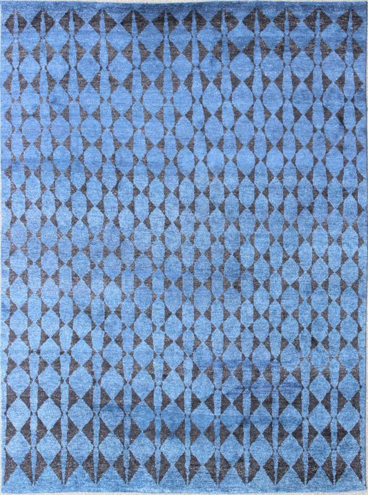 Blue and Black Moroccan Tribal Rug. This fascinating Tribal styled Moroccan rug hailing from India features an all - over diamond and circular patterning rendered in blue and black, making this a great piece for modern, transitional and casual in... - Keivan Woven ArtsAPE - 180 - 9672 - 7447Rug