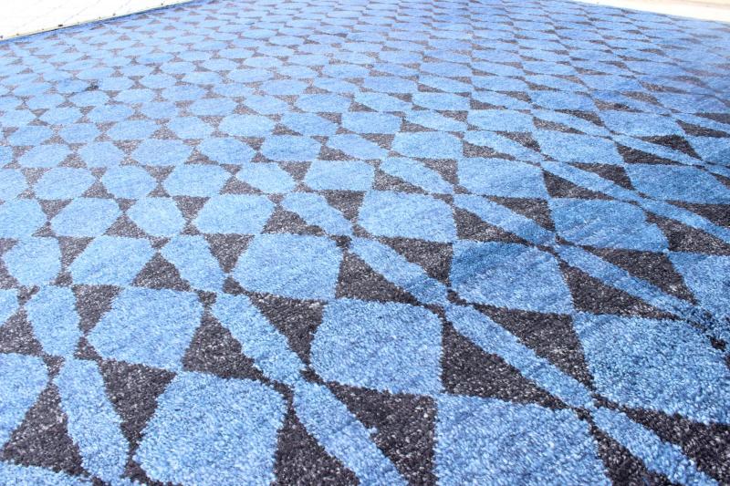 Blue and Black Moroccan Tribal Rug. This fascinating Tribal styled Moroccan rug hailing from India features an all - over diamond and circular patterning rendered in blue and black, making this a great piece for modern, transitional and casual in... - Keivan Woven ArtsAPE - 180 - 9672 - 7447Rug