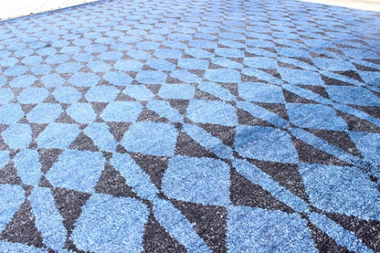 Blue and Black Moroccan Tribal Rug. This fascinating Tribal styled Moroccan rug hailing from India features an all - over diamond and circular patterning rendered in blue and black, making this a great piece for modern, transitional and casual in... - Keivan Woven ArtsAPE - 180 - 9672 - 7447Rug