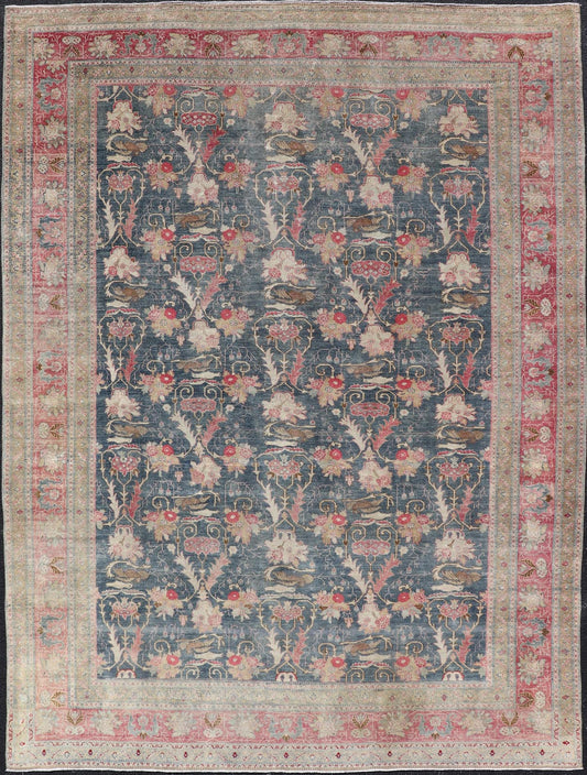 Antique Persian Tabriz Rug with Brid Design in Blue Keivan Woven Arts. Keivan Woven Arts / rug AVI - 1103, country of origin / type: Iran / Tabriz, circa 1920 Measures: 8'8 x 12'0 An exquisite work of art, this rug offers a unique opportunity ... - Keivan Woven ArtsAVI - 1103 - 25333Rug