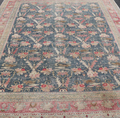 Antique Persian Tabriz Rug with Brid Design in Blue Keivan Woven Arts. Keivan Woven Arts / rug AVI - 1103, country of origin / type: Iran / Tabriz, circa 1920 Measures: 8'8 x 12'0 An exquisite work of art, this rug offers a unique opportunity ... - Keivan Woven ArtsAVI - 1103 - 25333Rug