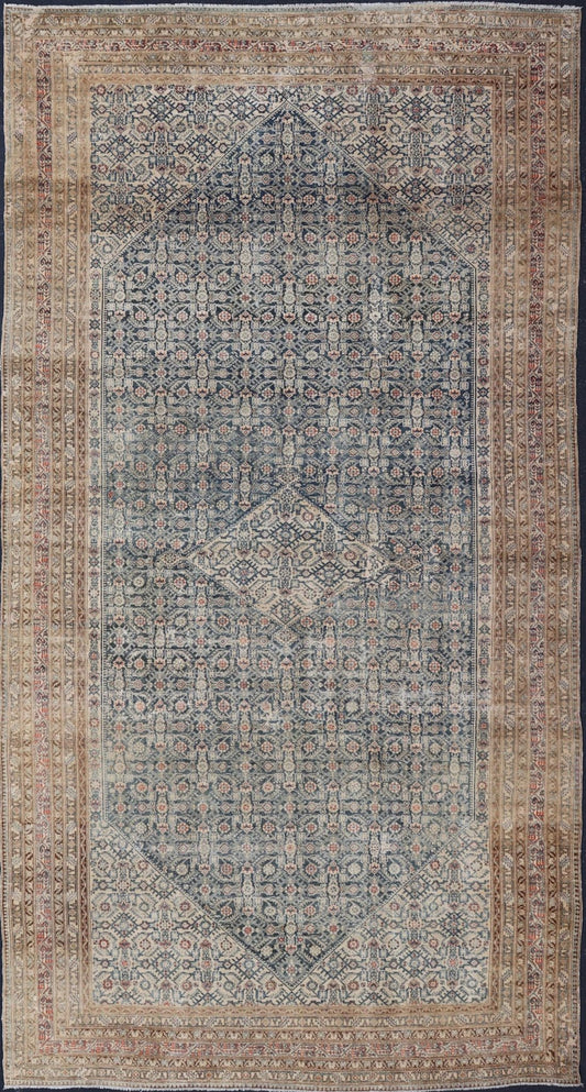 Large Antique Gallery Persian Malayer Runner in Herati Design On A Blue Field. Keivan Woven Arts / rug/ AVI - 230501, country of origin / type: Iran / Malayer, circa 1900. Measures: 10'4 x 20'0 This distressed antique Malayer gallery rug from 1900... - Keivan Woven ArtsAVI - 230501 - 24468