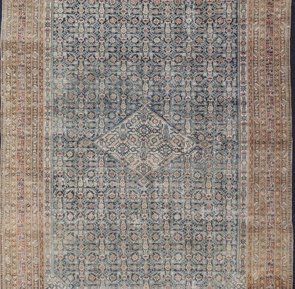 Large Antique Gallery Persian Malayer Runner in Herati Design On A Blue Field. Keivan Woven Arts / rug/ AVI - 230501, country of origin / type: Iran / Malayer, circa 1900. Measures: 10'4 x 20'0 This distressed antique Malayer gallery rug from 1900... - Keivan Woven ArtsAVI - 230501 - 24468