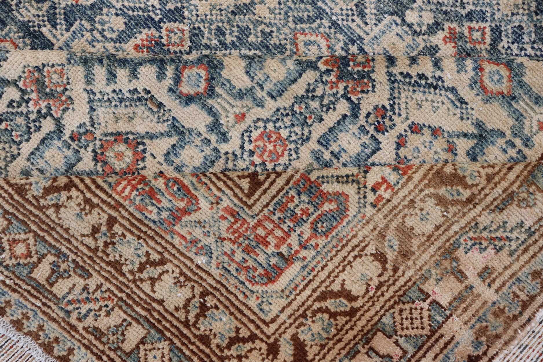 Large Antique Gallery Persian Malayer Runner in Herati Design On A Blue Field. Keivan Woven Arts / rug/ AVI - 230501, country of origin / type: Iran / Malayer, circa 1900. Measures: 10'4 x 20'0 This distressed antique Malayer gallery rug from 1900... - Keivan Woven ArtsAVI - 230501 - 24468
