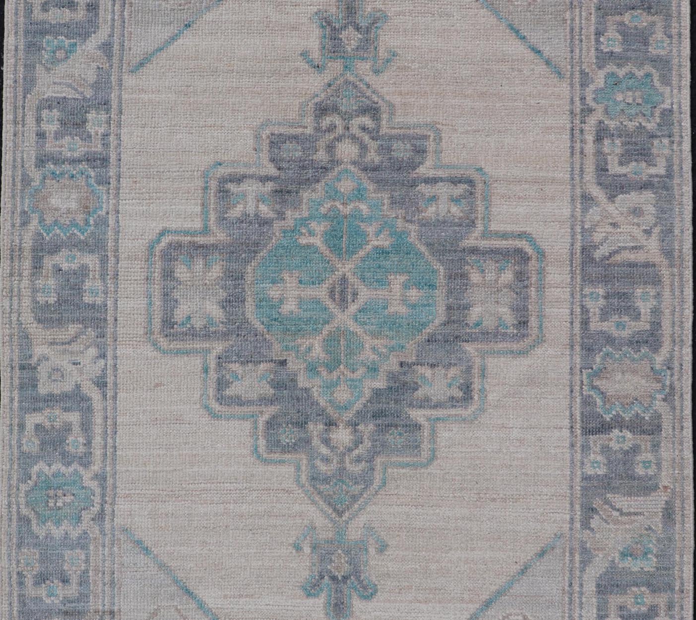 Modern Oushak with Off White Background with A Large Tribal Medallion in Teal. Measures: 3'1 x 5'3 This Oushak featuring a center tribal medallion in the center of off white background and the light gray border also. Colors are gray, cre... - Keivan Woven ArtsAWR - 10719 - 21541Rug