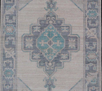 Modern Oushak with Off White Background with A Large Tribal Medallion in Teal. Measures: 3'1 x 5'3 This Oushak featuring a center tribal medallion in the center of off white background and the light gray border also. Colors are gray, cre... - Keivan Woven ArtsAWR - 10719 - 21541Rug