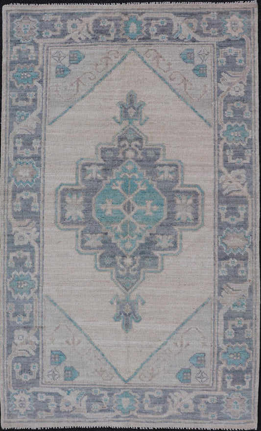 Modern Oushak with Off White Background with A Large Tribal Medallion in Teal. Measures: 3'1 x 5'3 This Oushak featuring a center tribal medallion in the center of off white background and the light gray border also. Colors are gray, cre... - Keivan Woven ArtsAWR - 10719 - 21541Rug