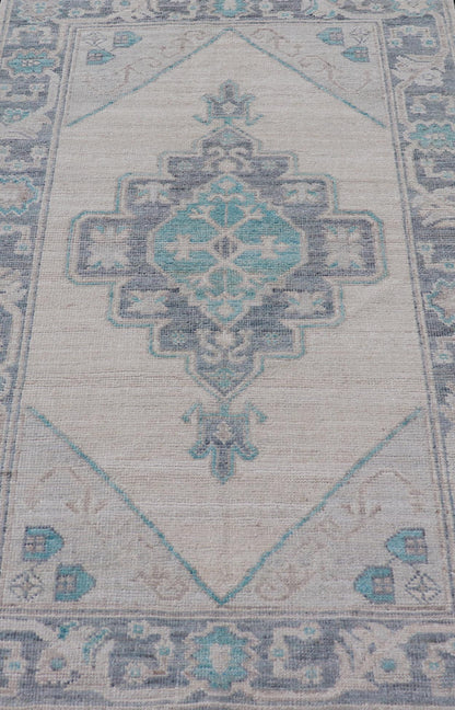 Modern Oushak with Off White Background with A Large Tribal Medallion in Teal. Measures: 3'1 x 5'3 This Oushak featuring a center tribal medallion in the center of off white background and the light gray border also. Colors are gray, cre... - Keivan Woven ArtsAWR - 10719 - 21541Rug