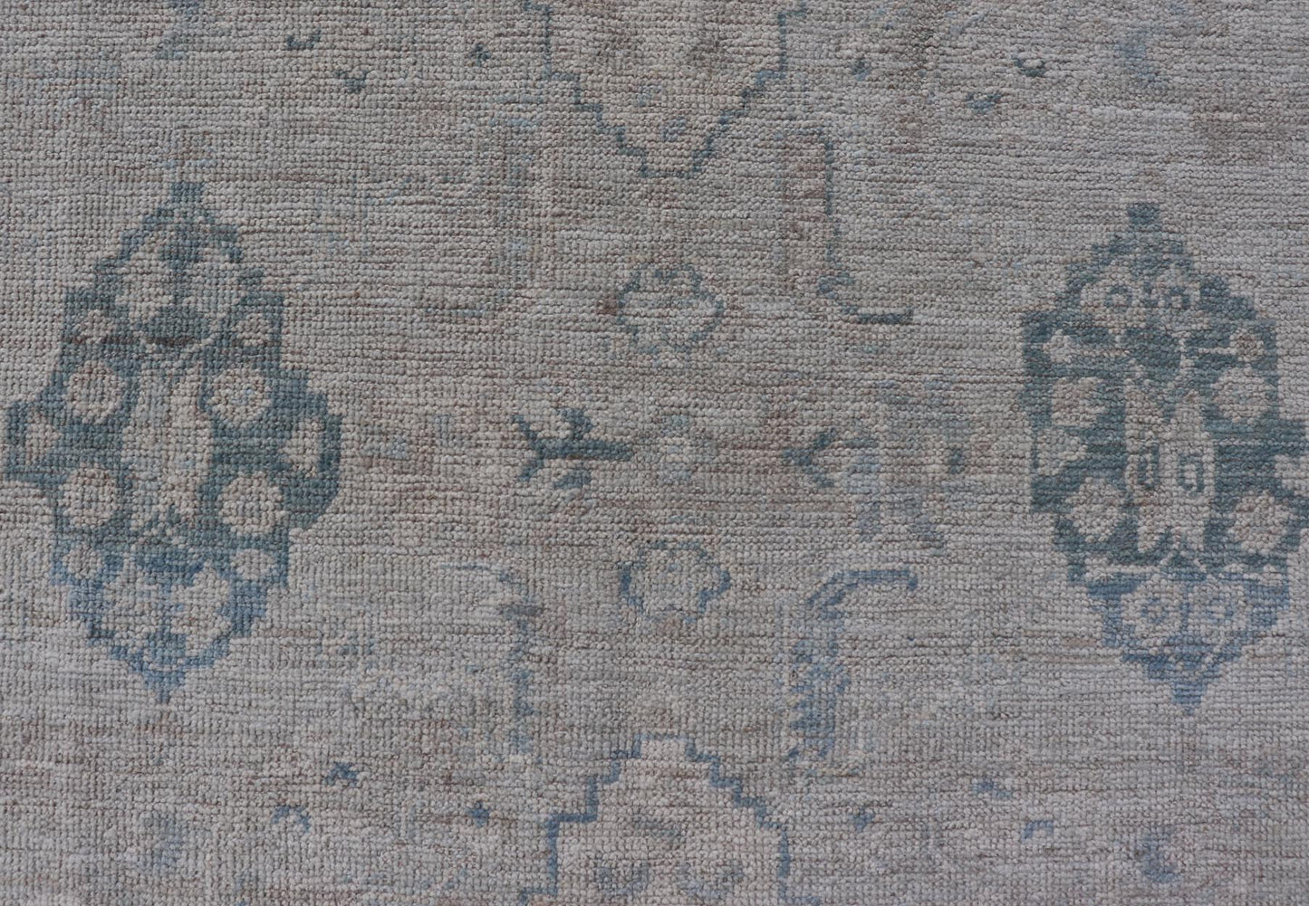 Hand - Knotted Oushak with A Light Blue Background and Tribal Motifs. Keivan Woven Arts; rug AWR - 10729 Country of Origin: Afghanistan Type: Oushak Design: Floral, All - Over Abstract - Tribal Measures: 4'0 x 5'4 This Oushak presents centered motif di... - Keivan Woven ArtsAWR - 10729 - 21627Rug