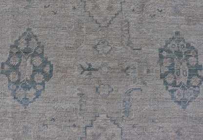 Hand - Knotted Oushak with A Light Blue Background and Tribal Motifs. Keivan Woven Arts; rug AWR - 10729 Country of Origin: Afghanistan Type: Oushak Design: Floral, All - Over Abstract - Tribal Measures: 4'0 x 5'4 This Oushak presents centered motif di... - Keivan Woven ArtsAWR - 10729 - 21627Rug