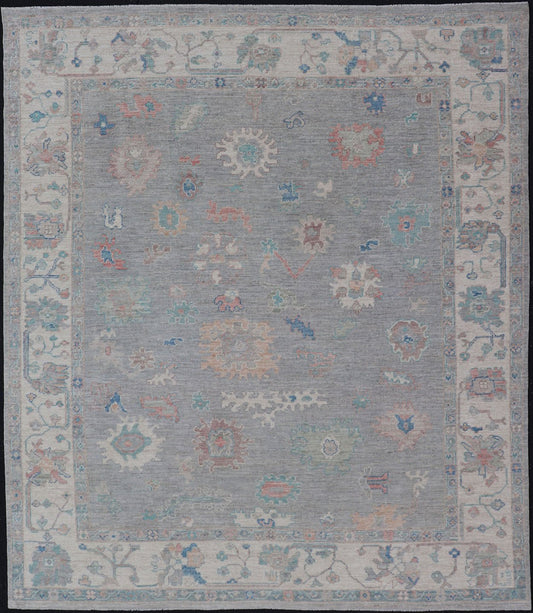 Measures: 7'10 x 9'8 All Over Modern Floral Oushak with A Light Blue - Gray Field and Border With Color. Keivan Woven Arts; rug AWR - 12018 Country of Origin: Afghanistan Type: Oushak Design: All - Over, Floral, Arabesque - Floral 21st Century This ... - Keivan Woven ArtsAWR - 12018 - 23360