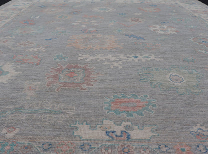 Measures: 7'10 x 9'8 All Over Modern Floral Oushak with A Light Blue - Gray Field and Border With Color. Keivan Woven Arts; rug AWR - 12018 Country of Origin: Afghanistan Type: Oushak Design: All - Over, Floral, Arabesque - Floral 21st Century This ... - Keivan Woven ArtsAWR - 12018 - 23360Rug
