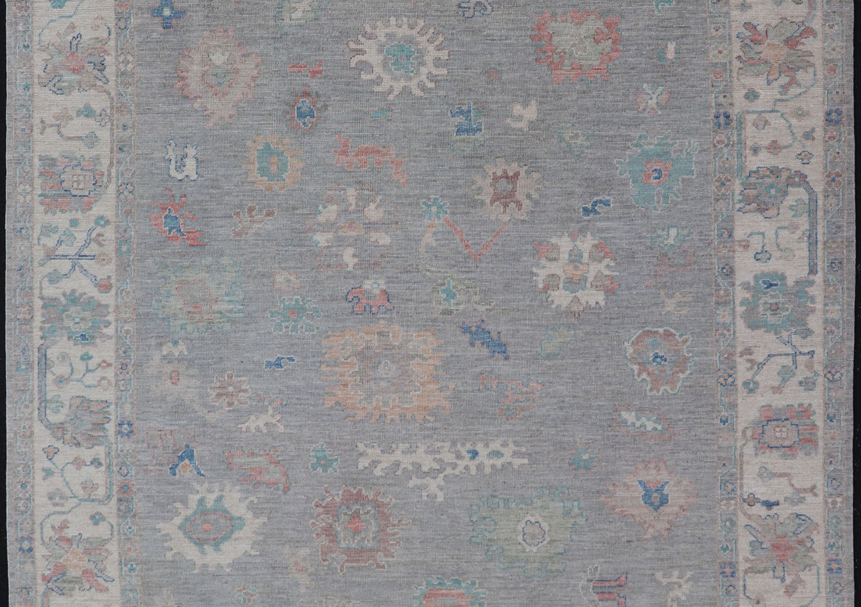 Measures: 7'10 x 9'8 All Over Modern Floral Oushak with A Light Blue - Gray Field and Border With Color. Keivan Woven Arts; rug AWR - 12018 Country of Origin: Afghanistan Type: Oushak Design: All - Over, Floral, Arabesque - Floral 21st Century This ... - Keivan Woven ArtsAWR - 12018 - 23360Rug