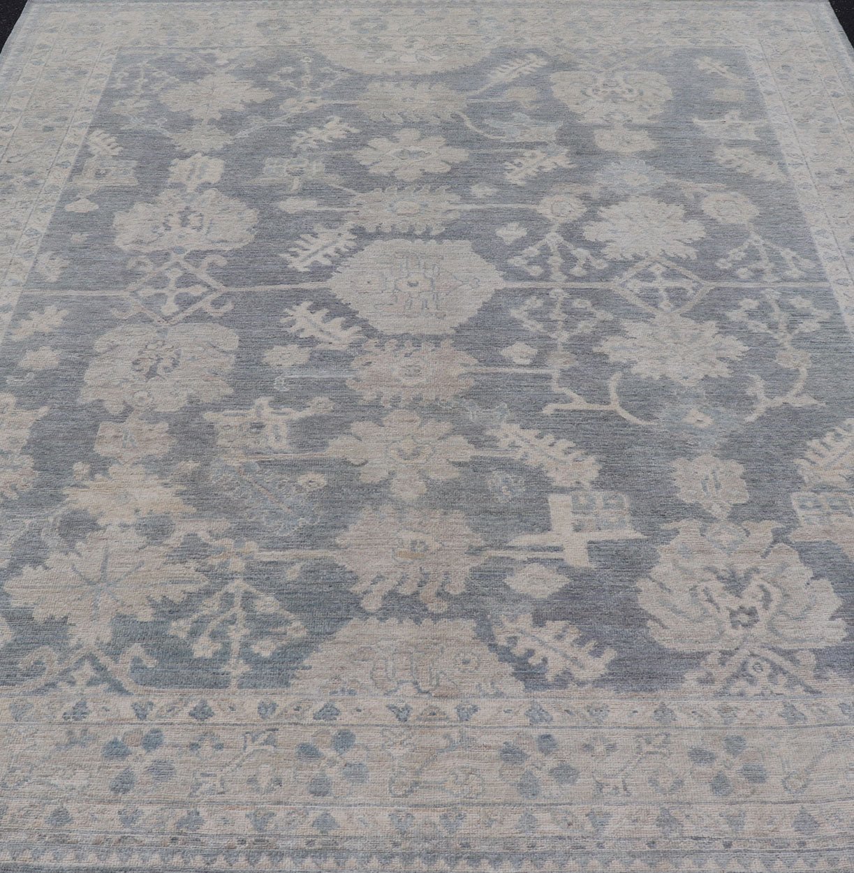 Measures: 8'2 x 9'11 Modern Oushak with Large Floral Motifs with Cream, Blue, and Steel Blue. Keivan Woven Arts; rug AWR - 12099 Country of Origin: Afghanistan Type: Oushak Design: Floral, All - Over Abstract - Tribal 21st century. This modern Ou... - Keivan Woven ArtsAWR - 12099 - 23372Rug