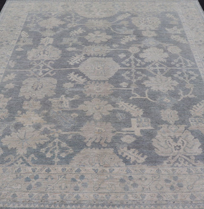 Measures: 8'2 x 9'11 Modern Oushak with Large Floral Motifs with Cream, Blue, and Steel Blue. Keivan Woven Arts; rug AWR - 12099 Country of Origin: Afghanistan Type: Oushak Design: Floral, All - Over Abstract - Tribal 21st century. This modern Ou... - Keivan Woven ArtsAWR - 12099 - 23372Rug