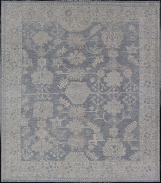 Measures: 8'2 x 9'11 Modern Oushak with Large Floral Motifs with Cream, Blue, and Steel Blue. Keivan Woven Arts; rug AWR - 12099 Country of Origin: Afghanistan Type: Oushak Design: Floral, All - Over Abstract - Tribal 21st century. This modern Ou... - Keivan Woven ArtsAWR - 12099 - 23372Rug