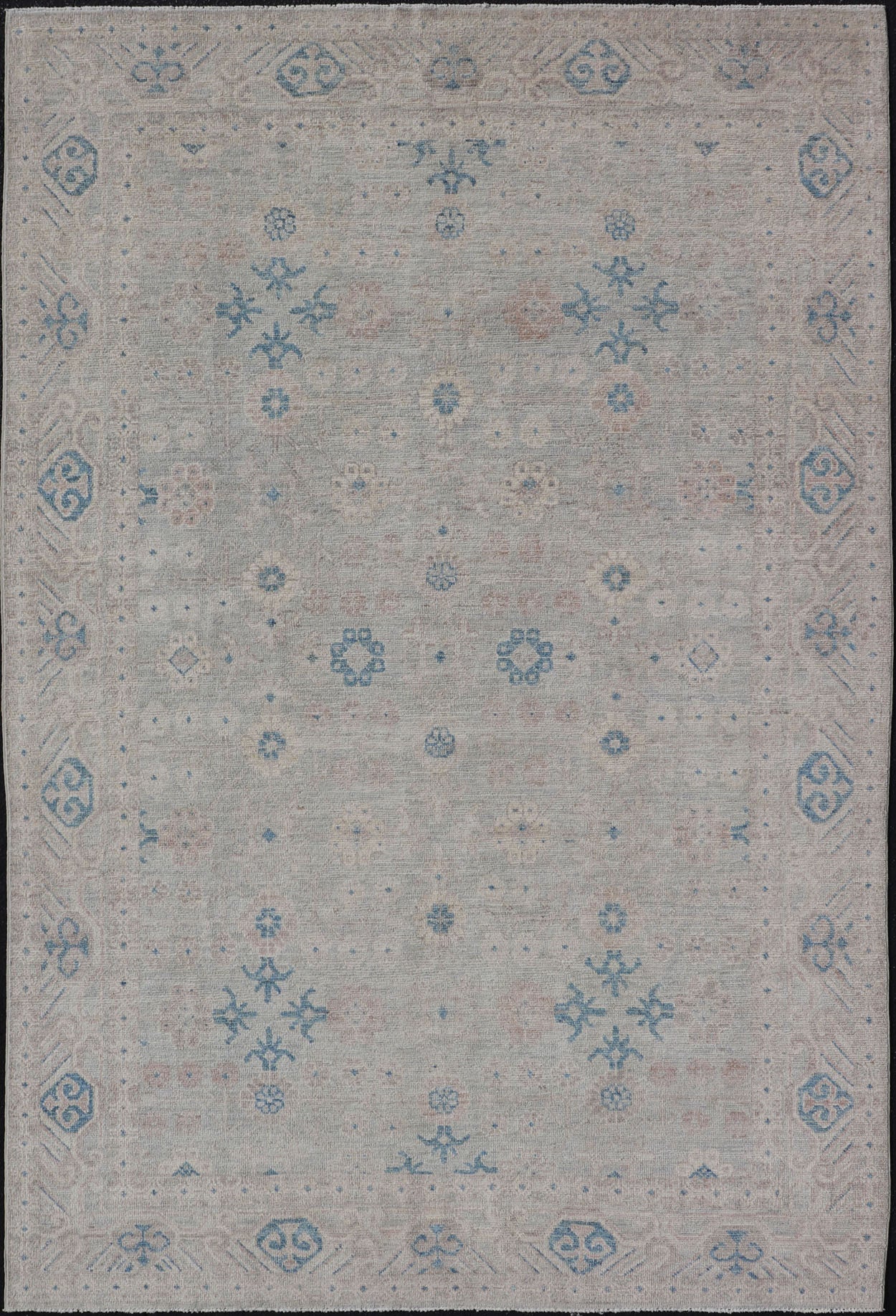 Measures: 6'4 x 9'11 Modern All - Over Khotan design rug with Light Background and Blue Colors. Keivan Woven Arts rug AWR - 12122 Country of Origin: Afghanistan Type: Oushak Design: Floral, All - Over, Abstract Floral. This Oushak was hand - knotted... - Keivan Woven ArtsAWR - 12122 - 23199Rug