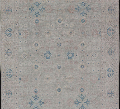 Measures: 6'4 x 9'11 Modern All - Over Khotan design rug with Light Background and Blue Colors. Keivan Woven Arts rug AWR - 12122 Country of Origin: Afghanistan Type: Oushak Design: Floral, All - Over, Abstract Floral. This Oushak was hand - knotted... - Keivan Woven ArtsAWR - 12122 - 23199Rug