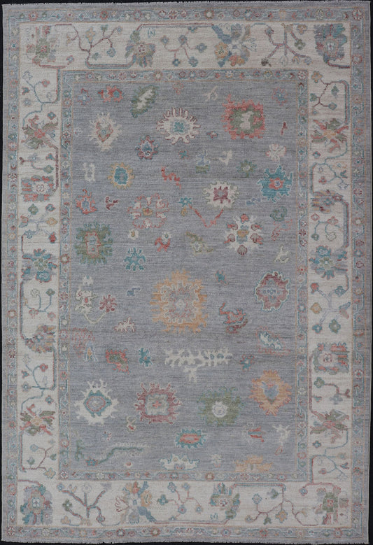 Measures: 5'8 x 9'0 Hand Knotted Floral Modern Oushak With a Taupe Background And Multi - Colors. Keivan Woven Arts; rug AWR - 12167 / Country of Origin: Afghanistan Type: Oushak Design: Floral, All - Over, Abstract This modern casual floral Ousha... - Keivan Woven ArtsAWR - 12167 - 23205Rug