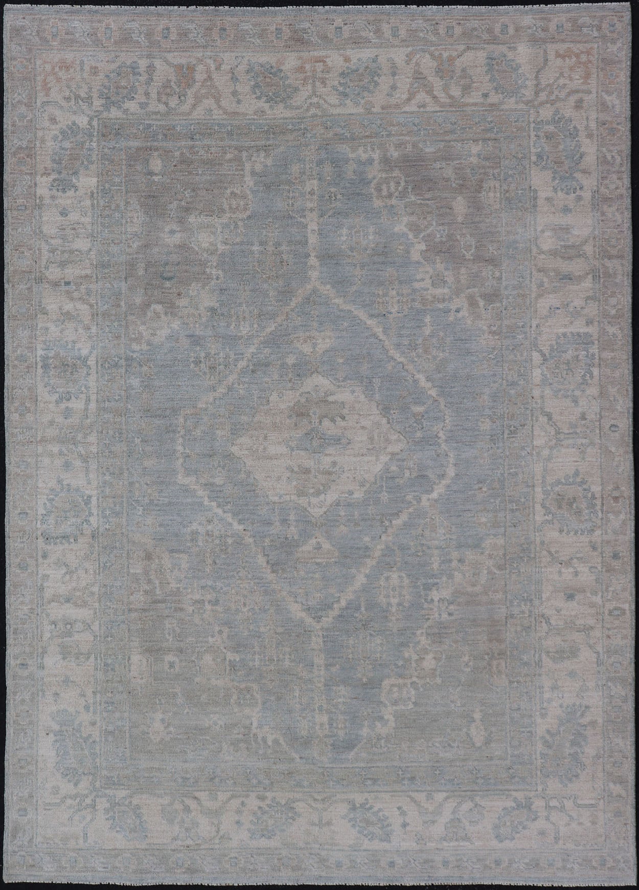 Measures: 5'10 x 8'9 Modern Oushak with a Light Blue - Gray Background with Medallion & Tribal Motifs. Country of Origin: Afghanistan; Type: Oushak; Design: Medallion, Tribal Medallion, All - Over; Keivan Woven Arts: rug AWR - 12170. 21st Century. Th... - Keivan Woven ArtsAWR - 12170 - 23211