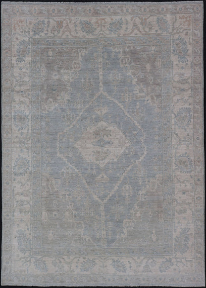 Measures: 5'10 x 8'9 Modern Oushak with a Light Blue - Gray Background with Medallion & Tribal Motifs. Country of Origin: Afghanistan; Type: Oushak; Design: Medallion, Tribal Medallion, All - Over; Keivan Woven Arts: rug AWR - 12170. 21st Century. Th... - Keivan Woven ArtsAWR - 12170 - 23211