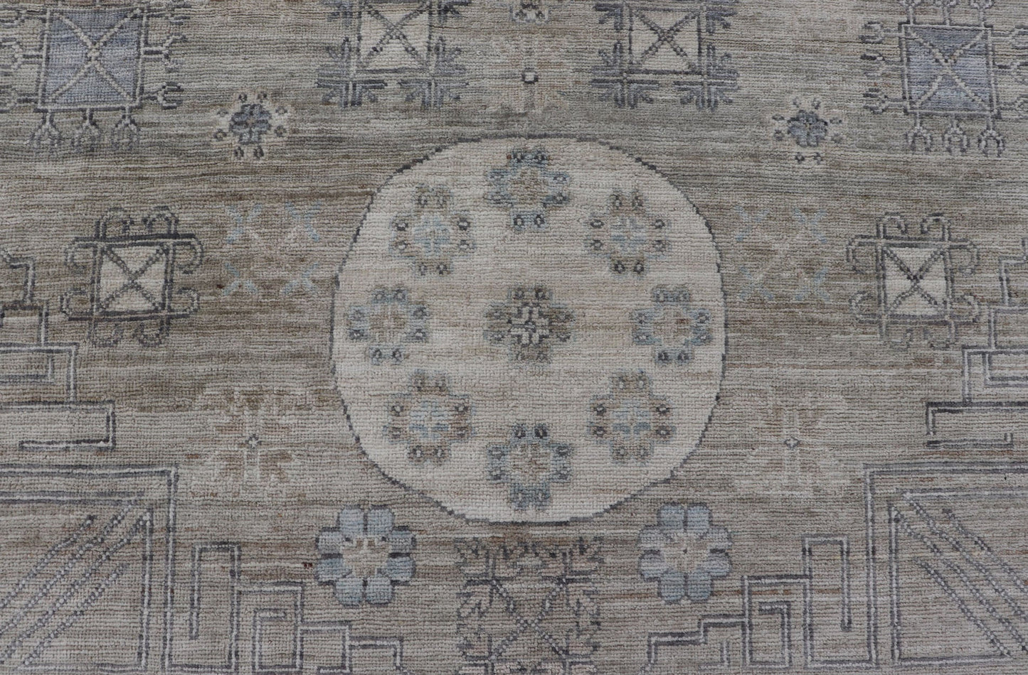 Measures: 6'0 x 9'1 Khotan Design Rug with Circular Medallion in Light Green, Light Blue, and Cream. Keivan Woven Arts , rug/AWR - 12172 country of origin / type: Afghanistan / Khotan. This Khotan features a geometric all - over design flanked b... - Keivan Woven ArtsAWR - 12172 - 23217