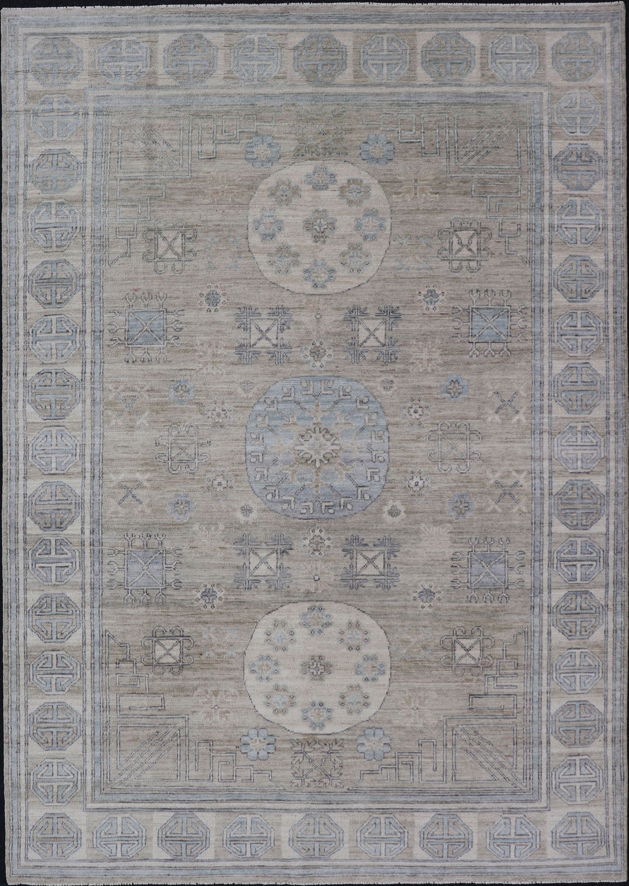 Measures: 6'0 x 9'1 Khotan Design Rug with Circular Medallion in Light Green, Light Blue, and Cream. Keivan Woven Arts , rug/AWR - 12172 country of origin / type: Afghanistan / Khotan. This Khotan features a geometric all - over design flanked b... - Keivan Woven ArtsAWR - 12172 - 23217