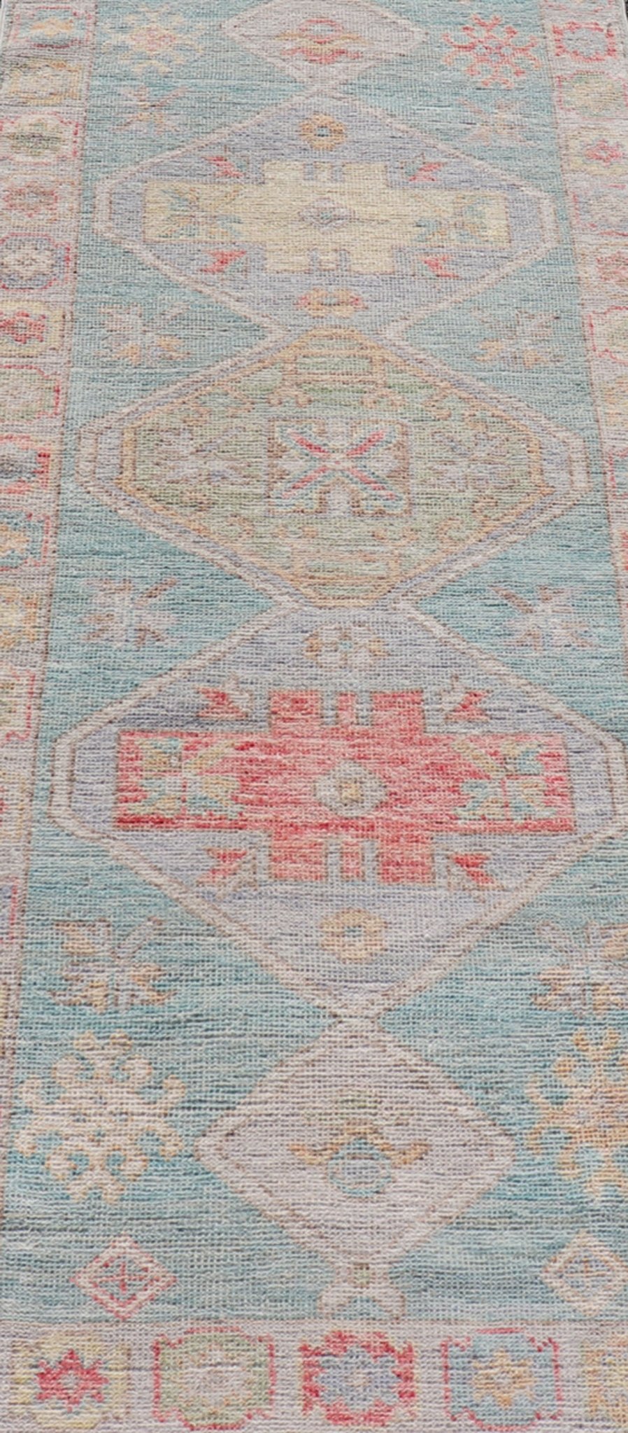 Measures: 2'5 x 6'5 Modern Small Oushak Runner with Teal - Blue Background and Medallion Motif. Keivan Woven Arts; rug AWR - 12192 Country of Origin: Afghanistan Type: Oushak Circa 2020 - This contemporary runner showcasing the distinct large... - Keivan Woven ArtsAWR - 12192 - 23223