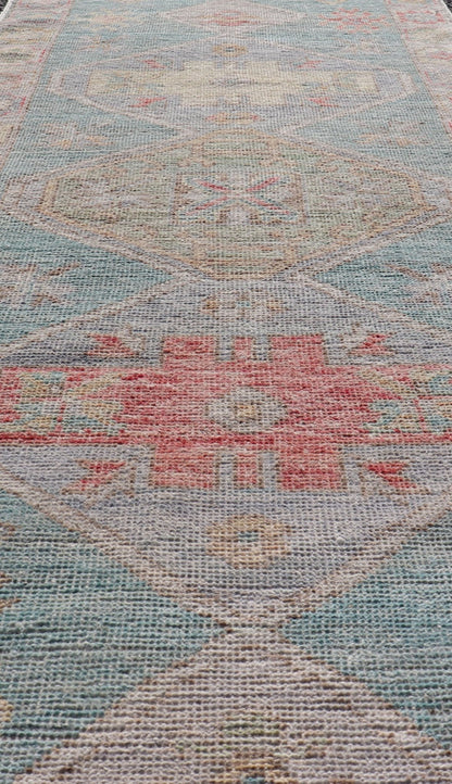 Measures: 2'5 x 6'5 Modern Small Oushak Runner with Teal - Blue Background and Medallion Motif. Keivan Woven Arts; rug AWR - 12192 Country of Origin: Afghanistan Type: Oushak Circa 2020 - This contemporary runner showcasing the distinct large... - Keivan Woven ArtsAWR - 12192 - 23223Rug